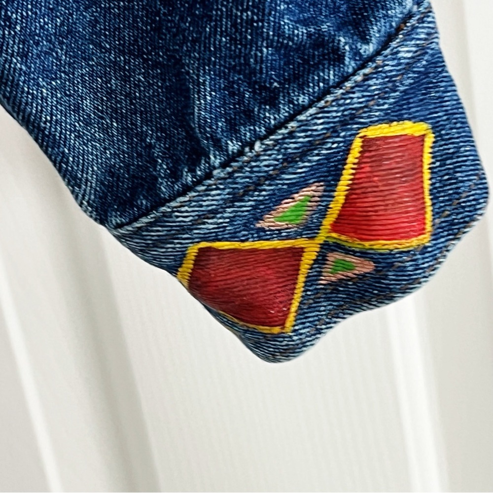 Hand Painted Vintage Ruff Hewn Denim Jean Jacket Southwest Aztec Desert Cactus S - Picture 9 of 16